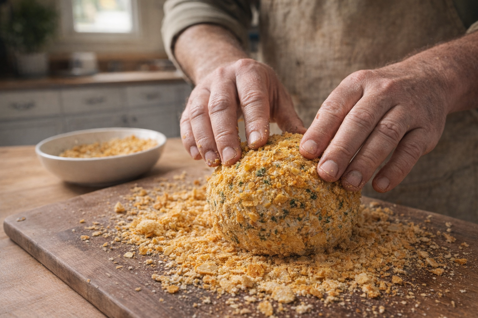 A cheese ball being rolled in crushed tortilla chips, hands visible, in a well-lit kitchen.